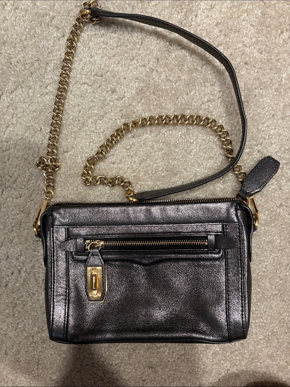 Rebecca Minkoff Metallic Gunmetal Crossbody with Gold Chain